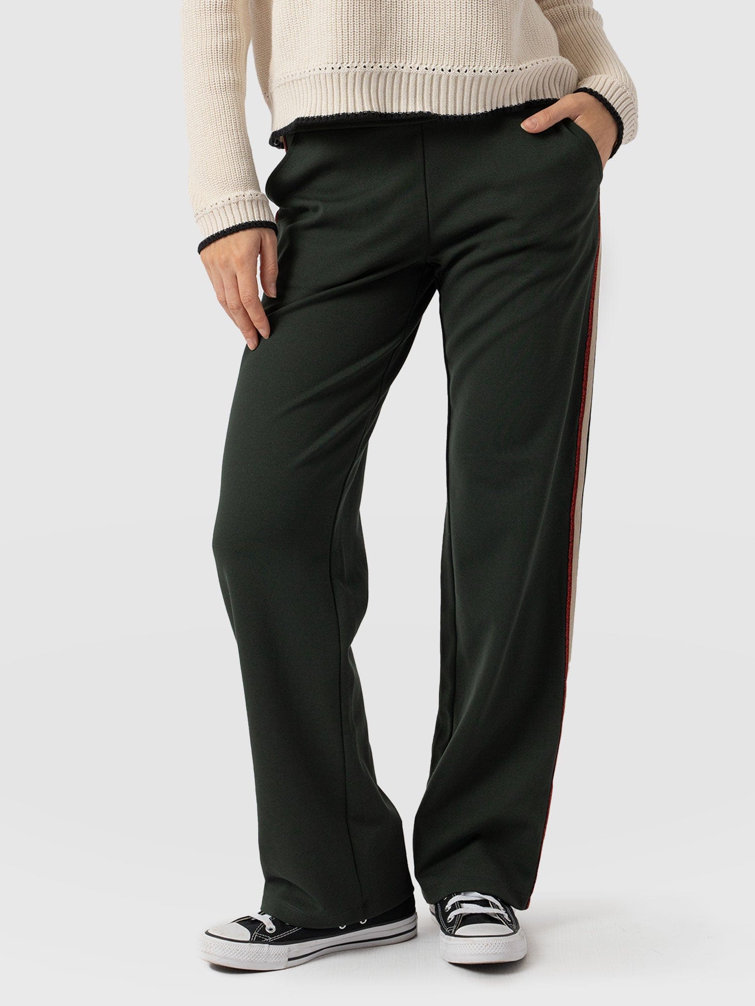 Runway Pant Bottle Green with Red Lurex Tape - Women's Trousers | Saint + Sofia® USA